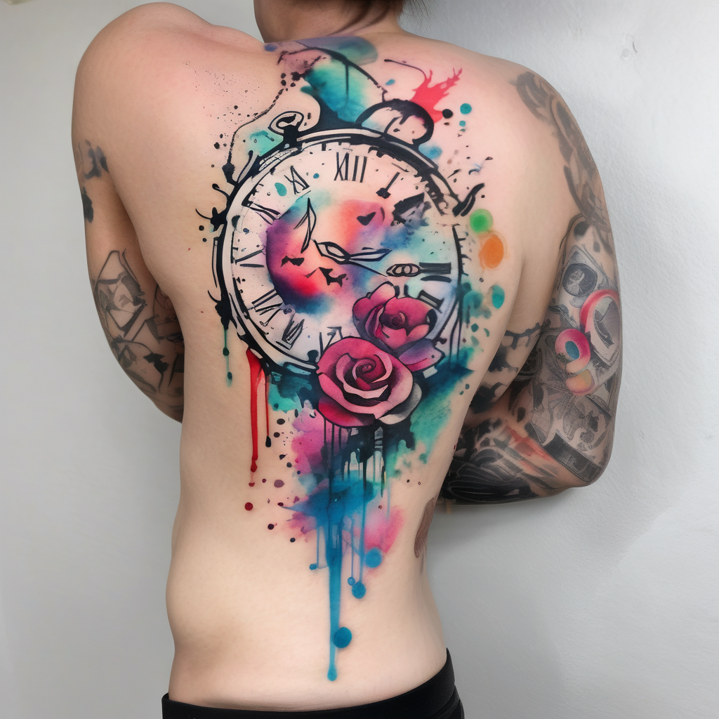 sleeve tattoo to contain the symbols family , love, health, time, money , happines hello kitty tattoo, design de tatouage Aquarelle généré par IA